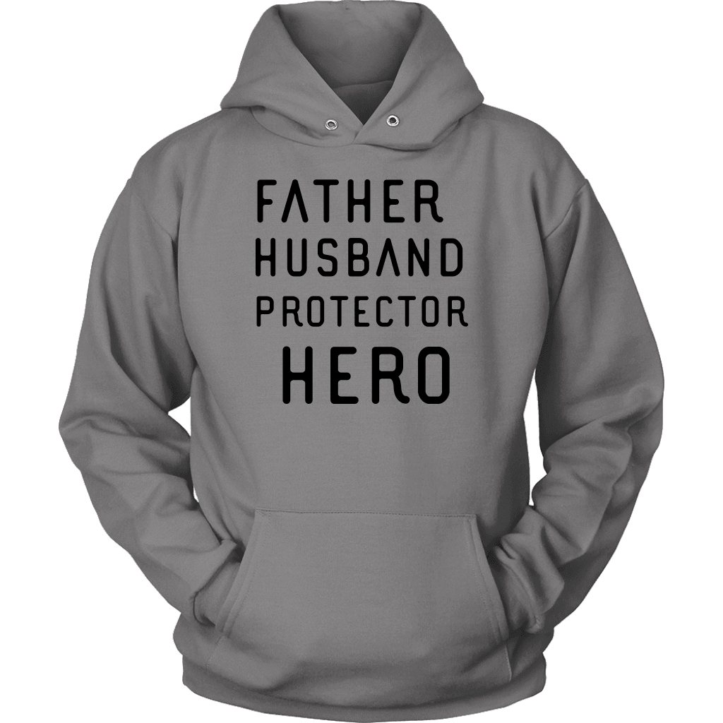 Father Husband Protector Hero, Black Print T-shirt Unisex Hoodie Grey S