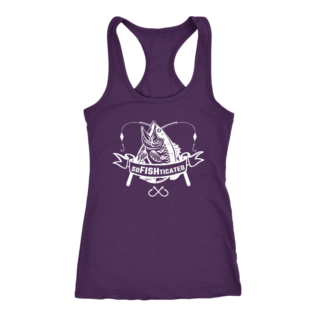soFISHticated Womens White T-shirt Next Level Racerback Tank Purple XS