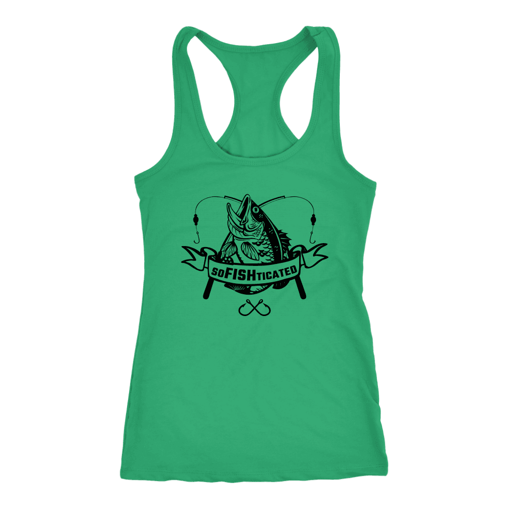 soFISHticated Womens Black Print T-shirt Next Level Racerback Tank Kelly XS