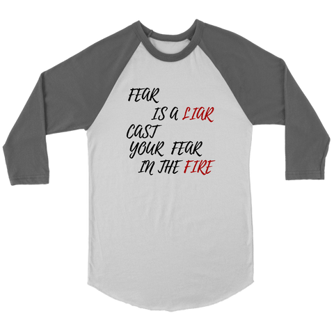 Image of Fear is a LIAR! T-shirt Canvas Unisex 3/4 Raglan White/Asphalt S
