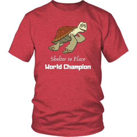 Image of Shelter In Place World Champion, White Print T-shirt District Unisex Shirt Heather Red S